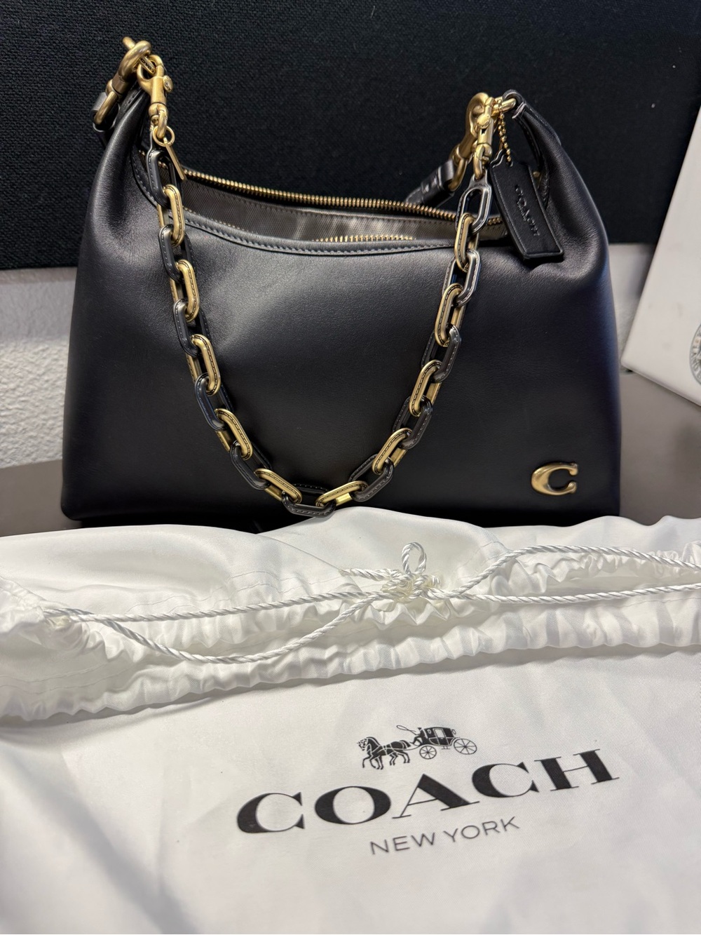 Coach Black Leather Juliet Shoulder Bag with Gold & black Chain